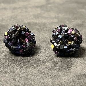 Vintage West Germany Black Rainbow Lustre Glass Seed Turban Knot Earrings